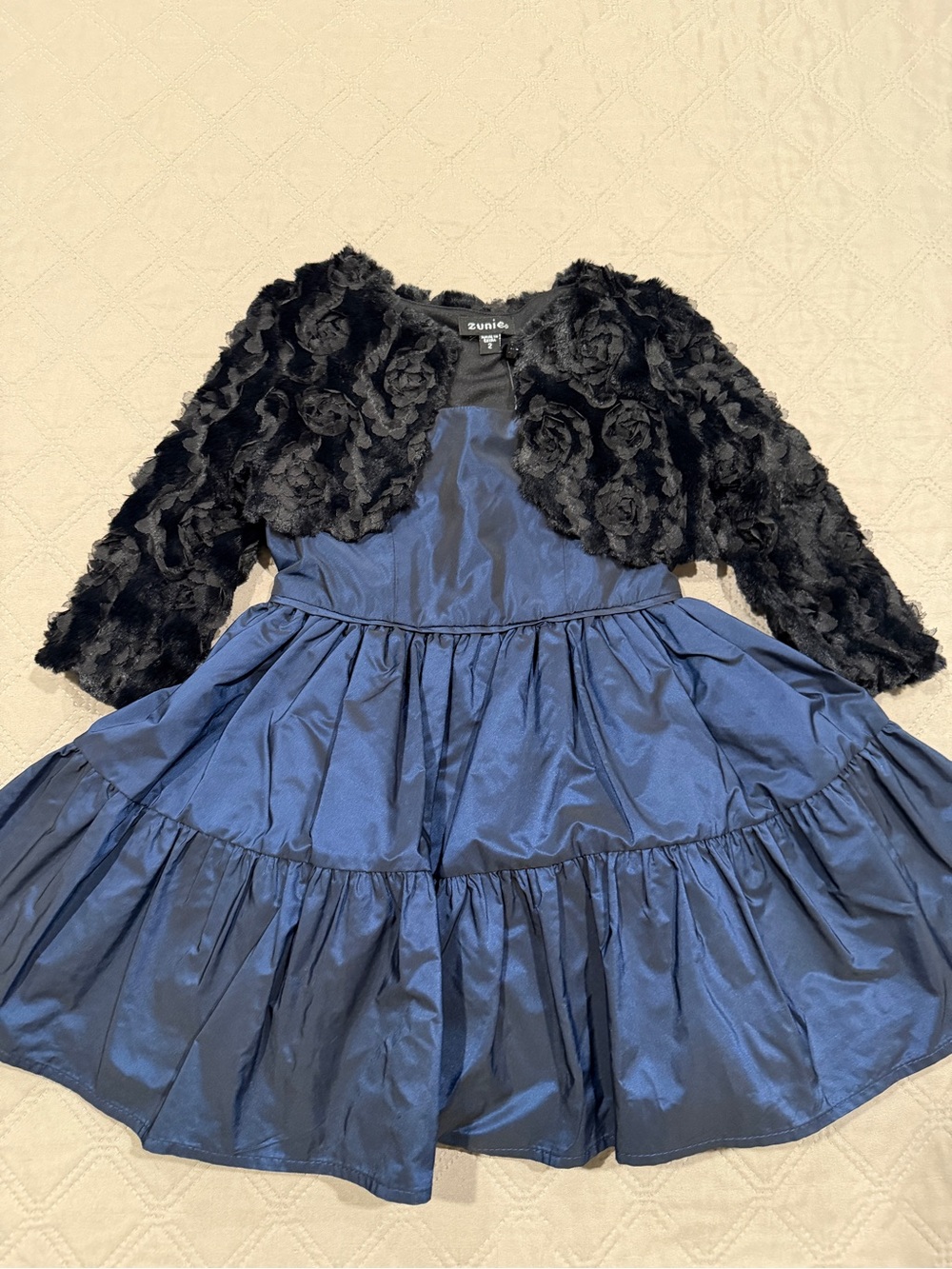 Zunie Blue Dress with Black Floral Bolero